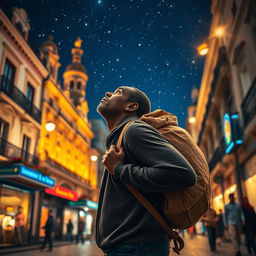 A black street vendor in Madrid, carrying a large bag on his back, lost in thought about the Three Wise Men from the East