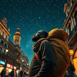 A black street vendor in Madrid, carrying a large bag on his back, lost in thought about the Three Wise Men from the East