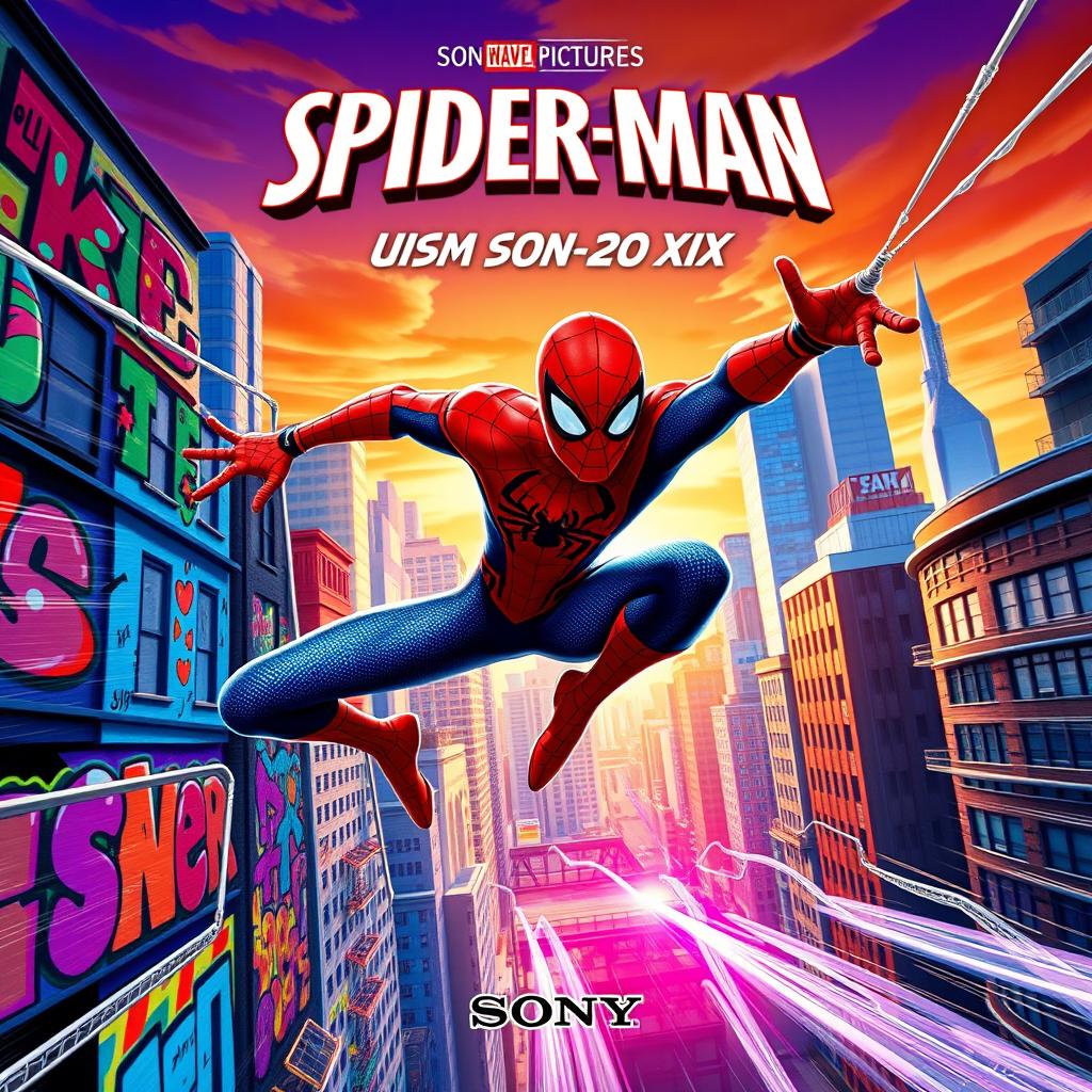 A vibrant and dynamic poster for the animated movie "Spider-Man Uism Son 20 XIX" by Sony Pictures, featuring an action-packed scene where Spider-Man swings through a colorful cityscape, with bright graffiti art on the buildings