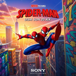 A vibrant and dynamic poster for the animated movie "Spider-Man Uism Son 20 XIX" by Sony Pictures, featuring an action-packed scene where Spider-Man swings through a colorful cityscape, with bright graffiti art on the buildings