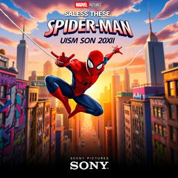 A vibrant and dynamic poster for the animated movie "Spider-Man Uism Son 20 XIX" by Sony Pictures, featuring an action-packed scene where Spider-Man swings through a colorful cityscape, with bright graffiti art on the buildings