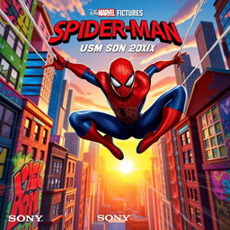 A vibrant and dynamic poster for the animated movie "Spider-Man Uism Son 20 XIX" by Sony Pictures, featuring an action-packed scene where Spider-Man swings through a colorful cityscape, with bright graffiti art on the buildings