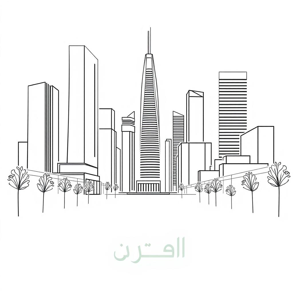 A minimalist line art drawing of a modern urbanscape featuring tall buildings and streets, using clean, simple lines to represent the architecture