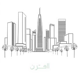 A minimalist line art drawing of a modern urbanscape featuring tall buildings and streets, using clean, simple lines to represent the architecture