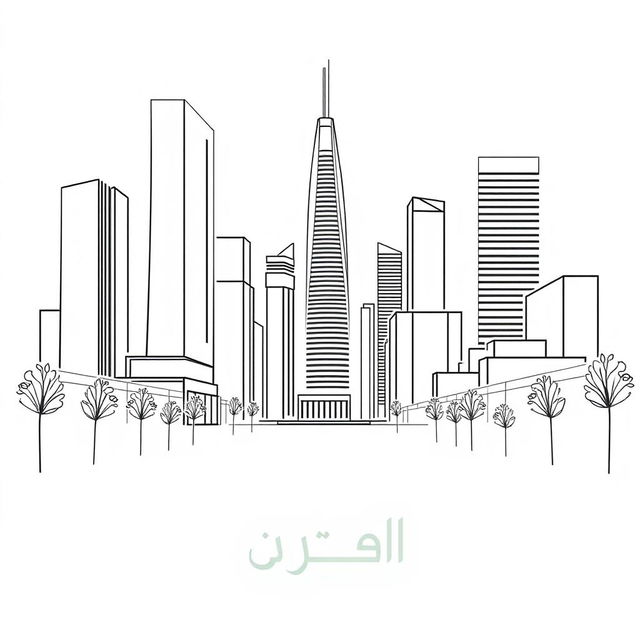 A minimalist line art drawing of a modern urbanscape featuring tall buildings and streets, using clean, simple lines to represent the architecture