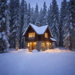 A quaint little cottage nestled in the heart of a snowy alpine forest, with a warm glow emanating from its windows.