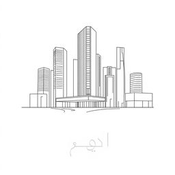 A minimalist line art drawing of a modern urbanscape featuring tall buildings and streets, using clean, simple lines to represent the architecture