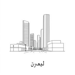 A minimalist line art drawing of a modern urbanscape featuring tall buildings and streets, using clean, simple lines to represent the architecture