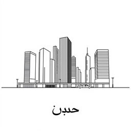 A minimalist line art drawing of a modern urbanscape featuring tall buildings and streets, using clean, simple lines to represent the architecture