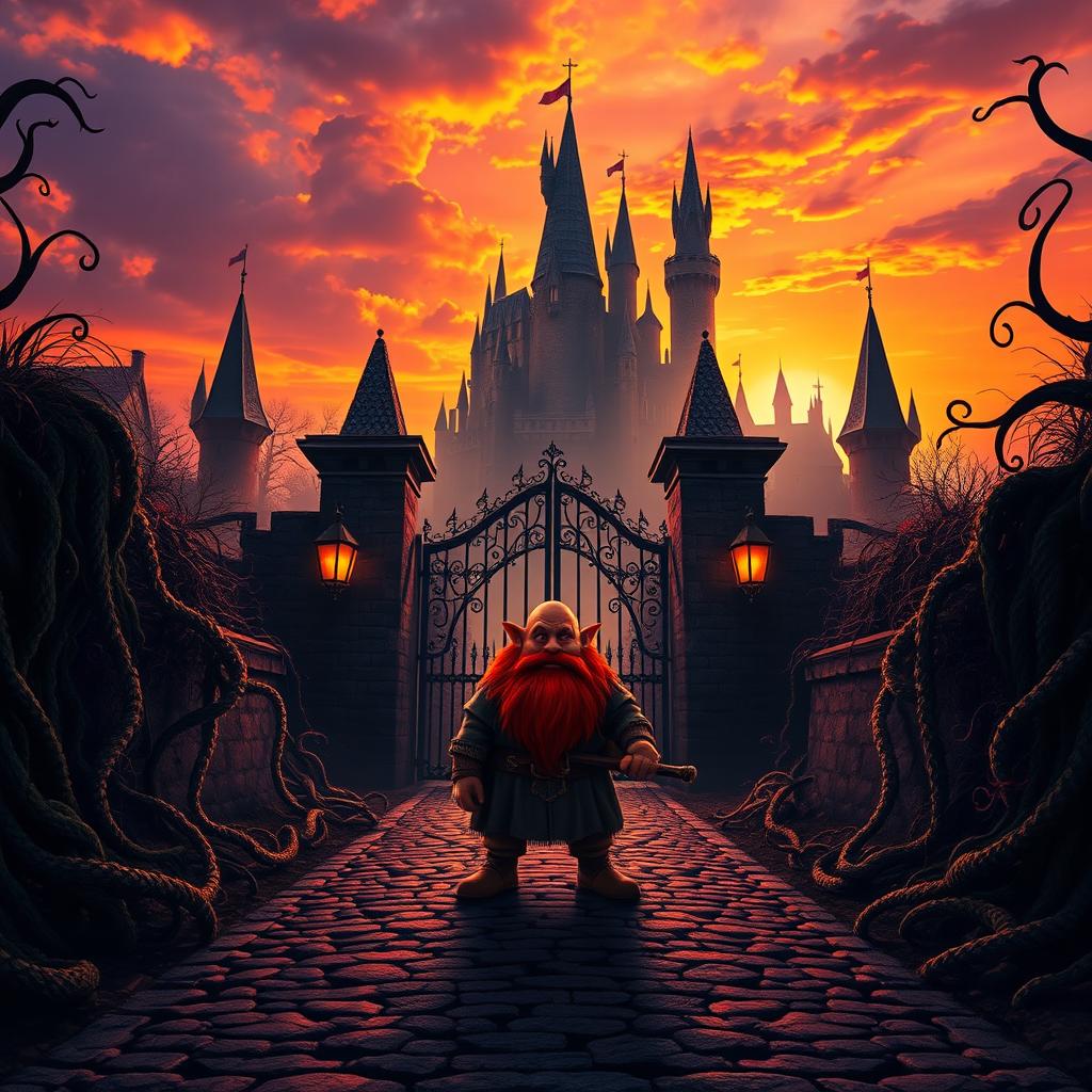 A cinematic movie poster illustrating a scene where the entrance to a mystical castle looms at sunset, surrounded by an enchanting yet foreboding labyrinth