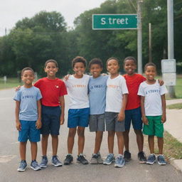 Five young boys standing next to a street sign that reads 'J Street'. The boys are full of energy, ready for an adventure in the soft, submitting light of an easy mid-summer day.