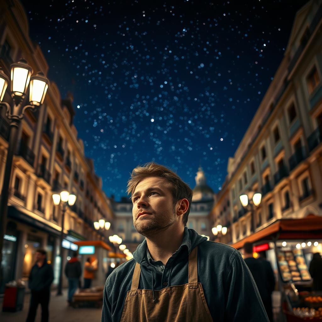 The magic of Madrid: a thoughtful street vendor standing under a blanket of stars