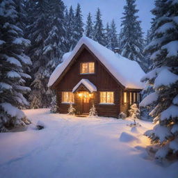 A quaint little cottage nestled in the heart of a snowy alpine forest, with a warm glow emanating from its windows.