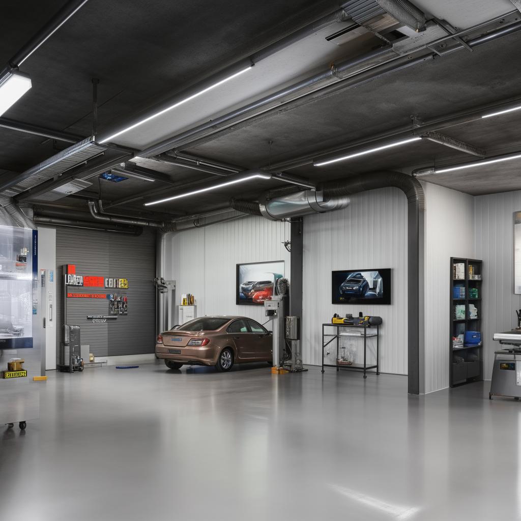 An interior design for a car detailing business, showcasing an efficient layout with cleaning equipment, comfortable waiting area, and industrial aesthetics.