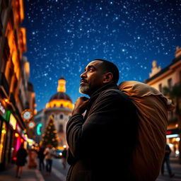 A black street vendor in Madrid, thoughtfully carrying a large bag on his back, reminisces about the Three Wise Men from the East