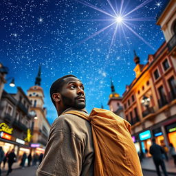 A black street vendor in Madrid, thoughtfully carrying a large bag on his back, reminisces about the Three Wise Men from the East