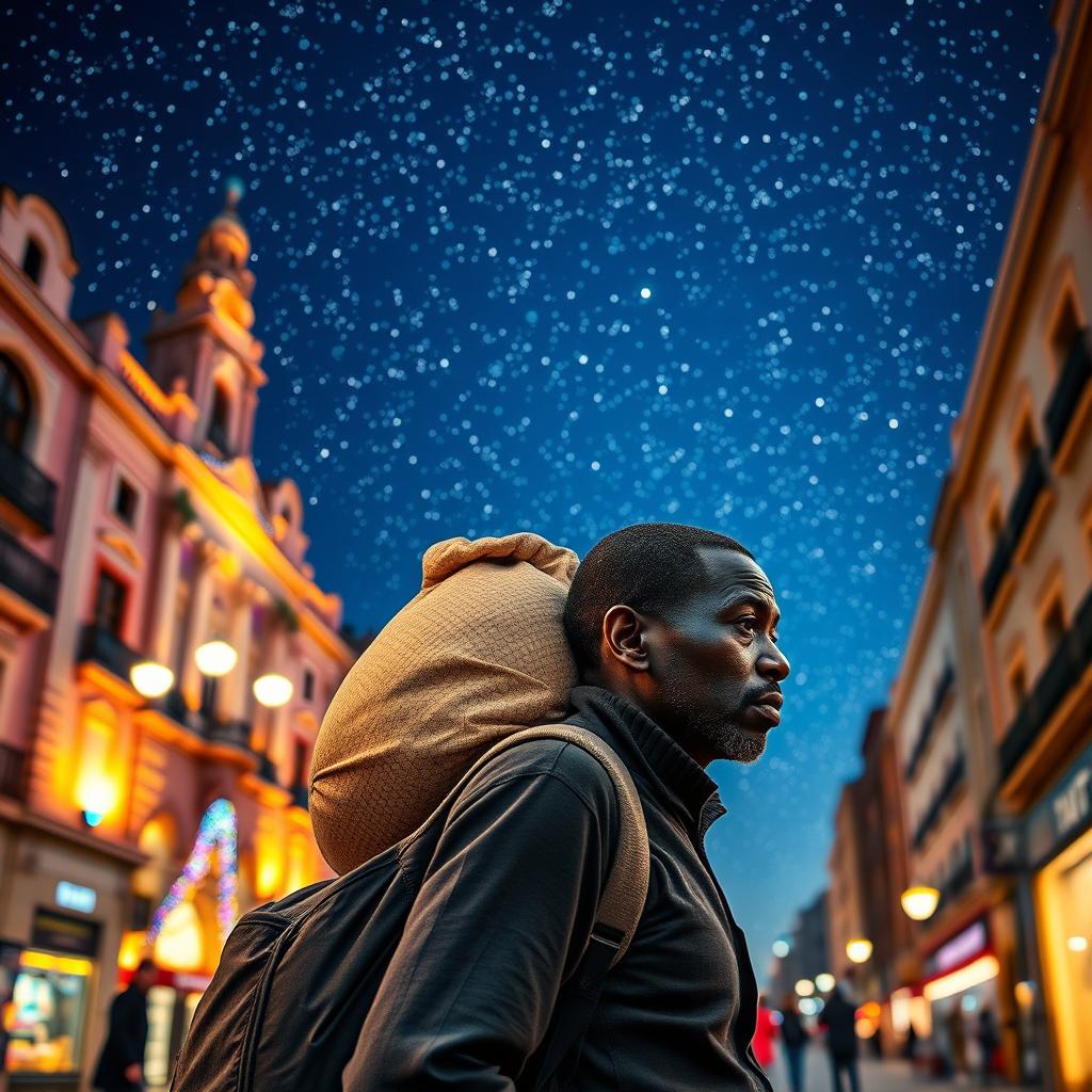 A black street vendor in Madrid, thoughtfully carrying a large bag on his back, reminisces about the Three Wise Men from the East