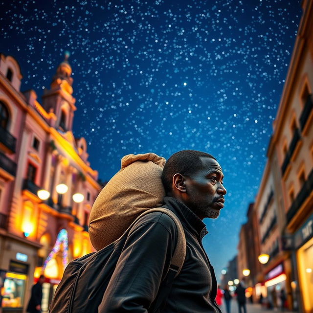 A black street vendor in Madrid, thoughtfully carrying a large bag on his back, reminisces about the Three Wise Men from the East