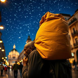 A black street vendor in Madrid, thoughtfully carrying a large bag on his back, reminisces about the Three Wise Men from the East