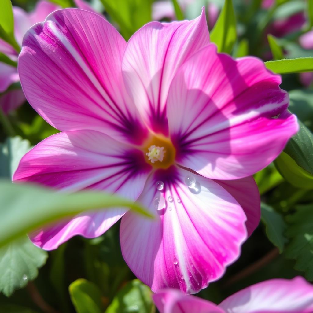 A close-up image of a beautiful and colorful flower, showcasing intricate petal details, vibrant colors like pink, purple and white, surrounded by lush green leaves