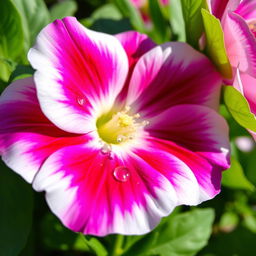 A close-up image of a beautiful and colorful flower, showcasing intricate petal details, vibrant colors like pink, purple and white, surrounded by lush green leaves