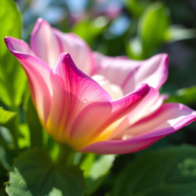 A close-up image of a beautiful and colorful flower, showcasing intricate petal details, vibrant colors like pink, purple and white, surrounded by lush green leaves