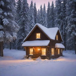 A quaint little cottage nestled in the heart of a snowy alpine forest, with a warm glow emanating from its windows.