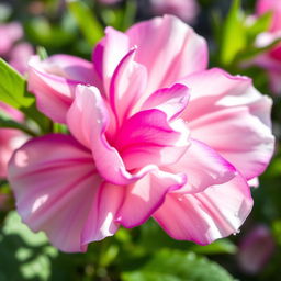 A close-up image of a beautiful and colorful flower, showcasing intricate petal details, vibrant colors like pink, purple and white, surrounded by lush green leaves