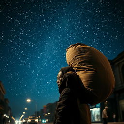 A black street vendor carrying a large bag on his back, pondering the Three Wise Men from the East