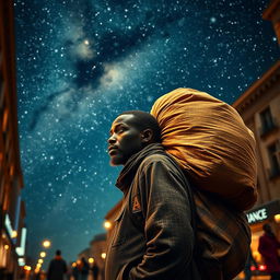 A black street vendor carrying a large bag on his back, pondering the Three Wise Men from the East