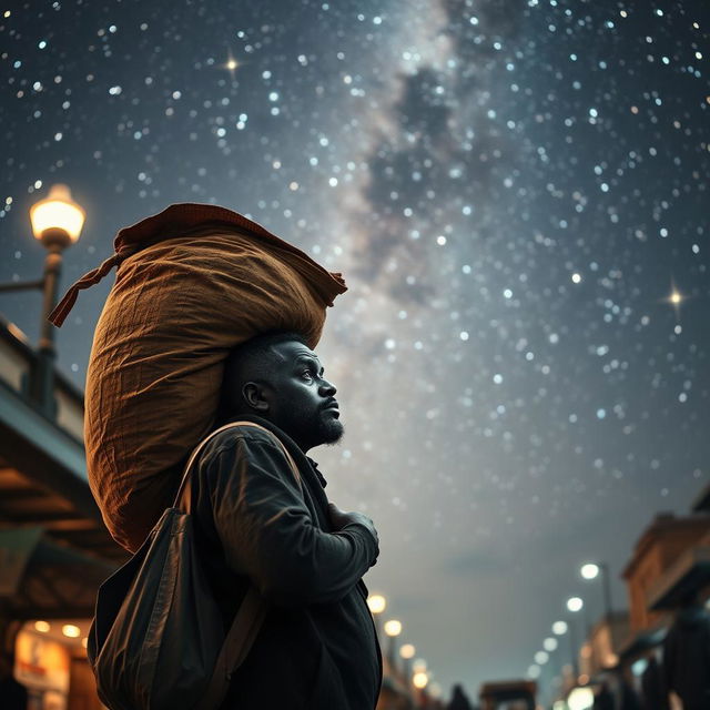 A black street vendor carrying a large bag on his back, pondering the Three Wise Men from the East