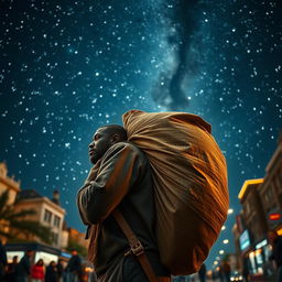 A black street vendor carrying a large bag on his back, pondering the Three Wise Men from the East