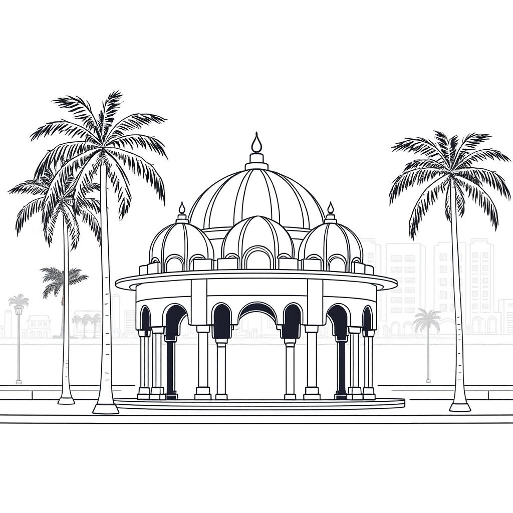 Minimalist line art illustration of Karachi City focusing on the iconic Jehangir Kothari Parade at the sea front in Clifton