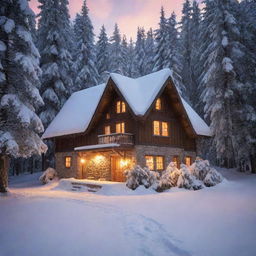 A quaint little cottage nestled in the heart of a snowy alpine forest, with a warm glow emanating from its windows.