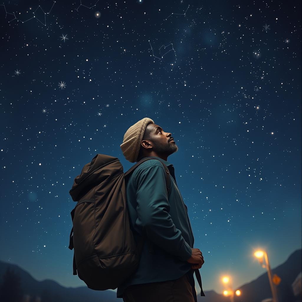 A Black street vendor with a large backpack on his back, deep in thought, reminiscent of the three wise men from the East, walking under a starry night sky filled with twinkling stars