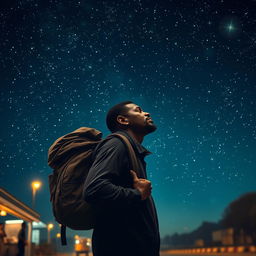 A Black street vendor with a large backpack on his back, deep in thought, reminiscent of the three wise men from the East, walking under a starry night sky filled with twinkling stars