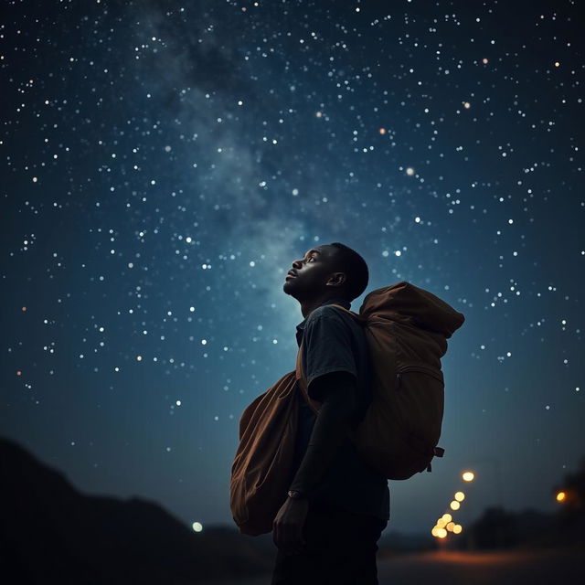 A Black street vendor with a large backpack on his back, deep in thought, reminiscent of the three wise men from the East, walking under a starry night sky filled with twinkling stars