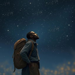 A Black street vendor with a large backpack on his back, deep in thought, reminiscent of the three wise men from the East, walking under a starry night sky filled with twinkling stars