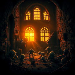 A movie poster depicting the eerie and chaotic interior of a witch's castle, where the atmosphere is dark and foreboding