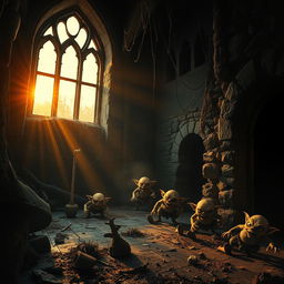 A movie poster depicting the eerie and chaotic interior of a witch's castle, where the atmosphere is dark and foreboding