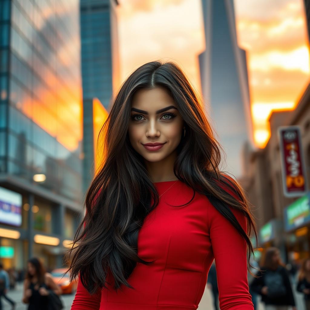 A stunning portrait of a confident young woman standing in a vibrant cityscape at sunset