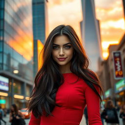 A stunning portrait of a confident young woman standing in a vibrant cityscape at sunset