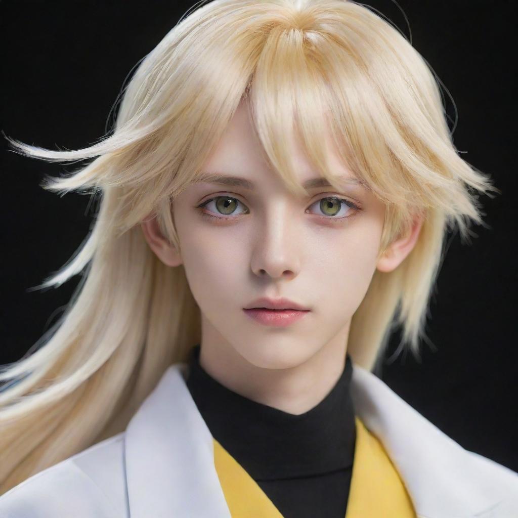 An animated anime-style slim teen boy with long tail-back blonde hair, exhibiting unworldly beauty. His heterochromatic eyes, one yellow and one white, add a mesmerizing charm to his ethereal appearance.