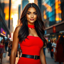 A stunning portrait of a confident young woman standing in a vibrant cityscape at sunset