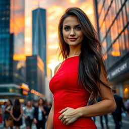 A stunning portrait of a confident young woman standing in a vibrant cityscape at sunset