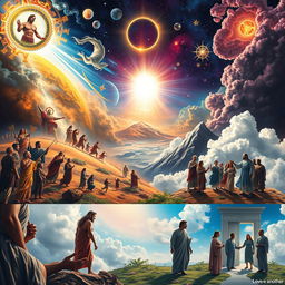 In the beginning of time, depicted as a grand cosmic scene, the Father figure inspiring humanity to practice good, surrounded by ethereal light and divine symbols