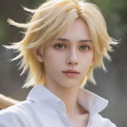 An animated anime-style slim teen boy with long tail-back blonde hair, exhibiting unworldly beauty. His heterochromatic eyes, one yellow and one white, add a mesmerizing charm to his ethereal appearance.