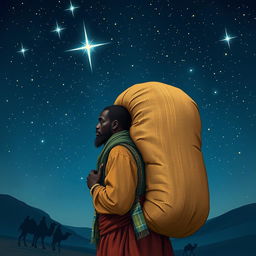 A Black street vendor carrying a large sack on their back, reflecting on the three wise men from the East, depicted under a starry sky