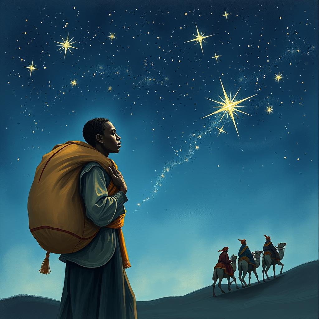 A Black street vendor carrying a large sack on their back, reflecting on the three wise men from the East, depicted under a starry sky