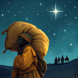 A Black street vendor carrying a large sack on their back, reflecting on the three wise men from the East, depicted under a starry sky